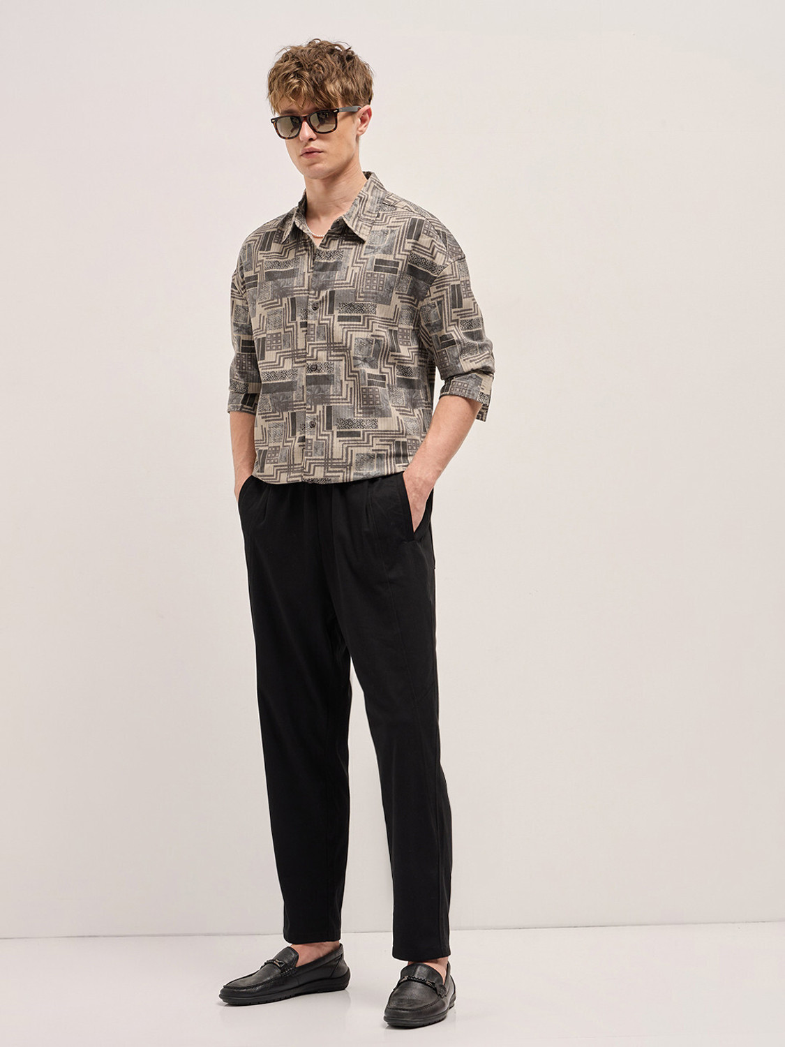 Image of THE BEAR HOUSE Men Printed Casual Beige Shirt