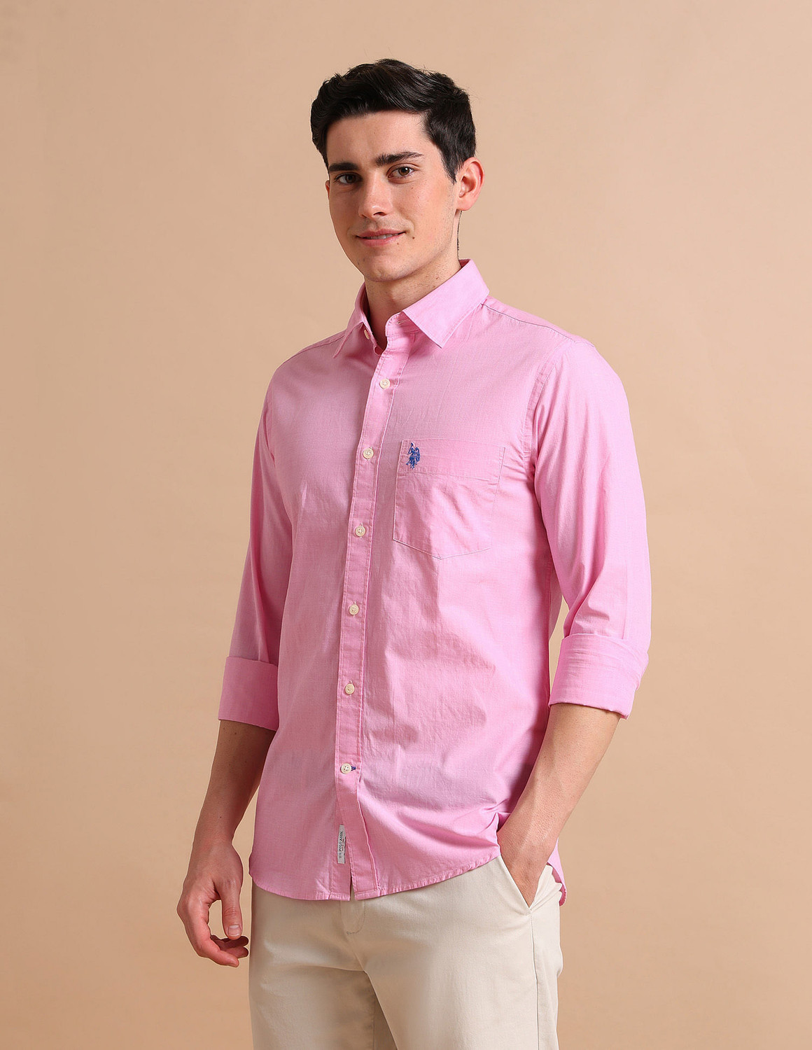 Image of U.S. POLO ASSN. Men Solid Casual Pink Shirt