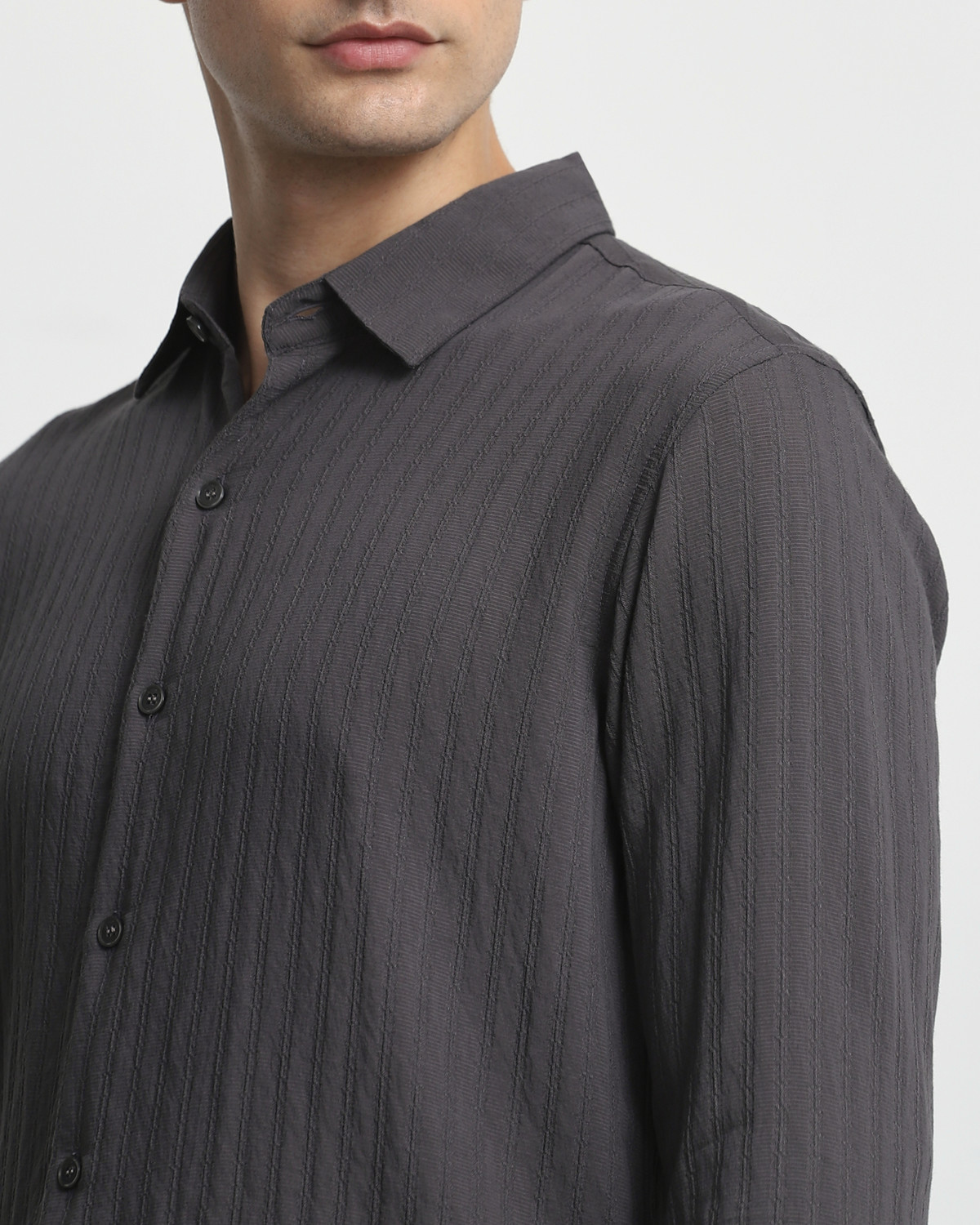 Image of MUFTI Men Self Design Casual Grey Shirt