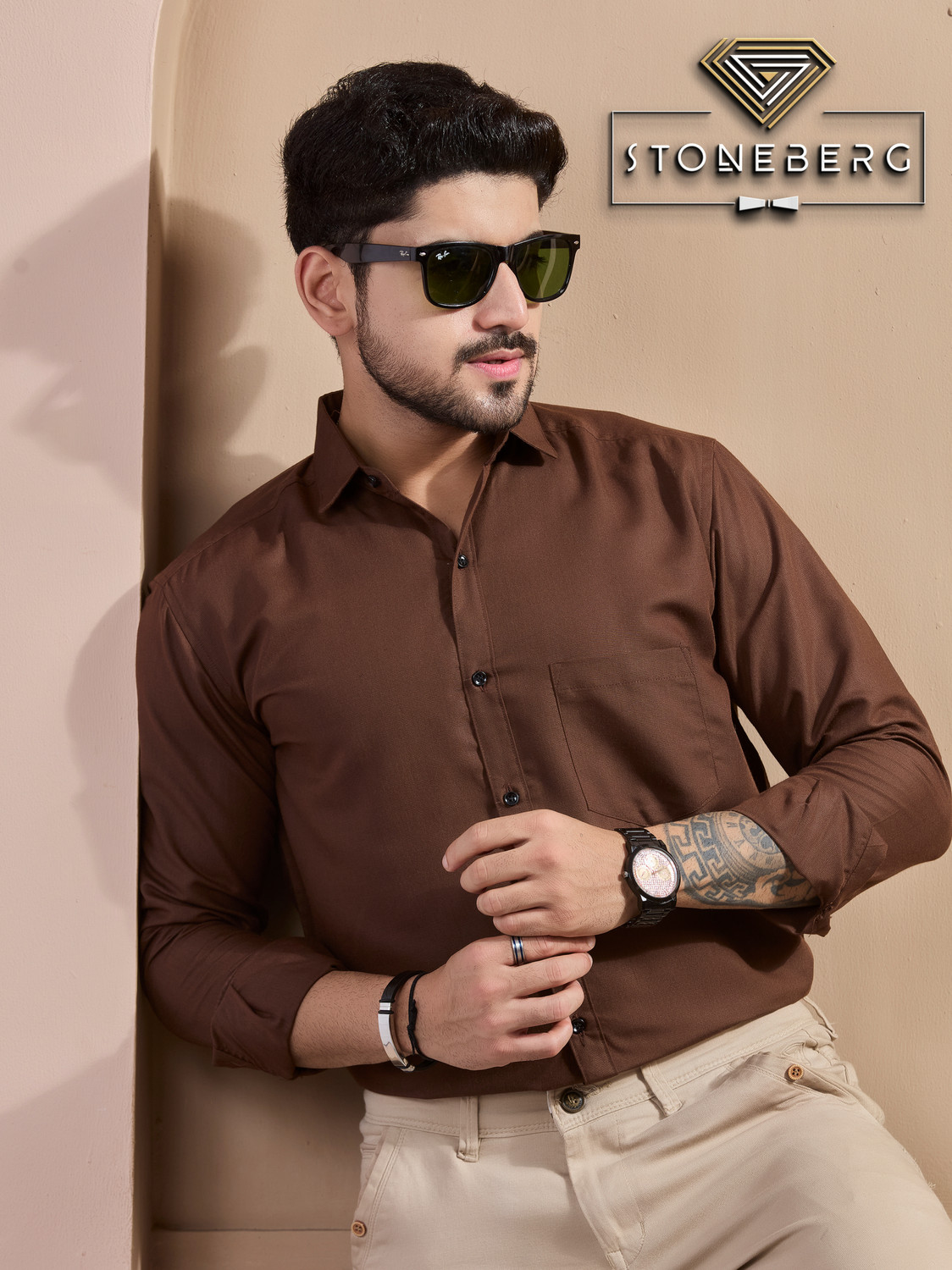 Image of STONEBERG Men Solid Formal Brown Shirt