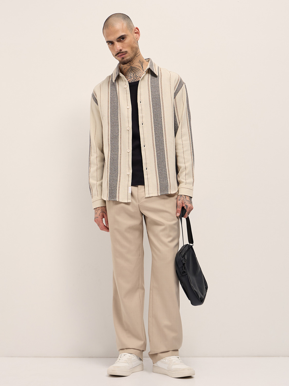 Image of THE BEAR HOUSE Men Striped Casual Cream Shirt