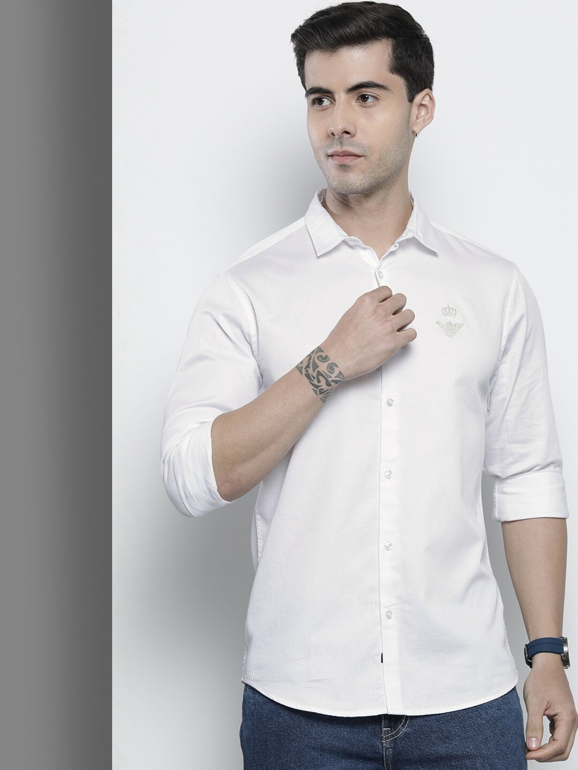 Image of The Indian Garage Co. Men Embroidered Casual White Shirt