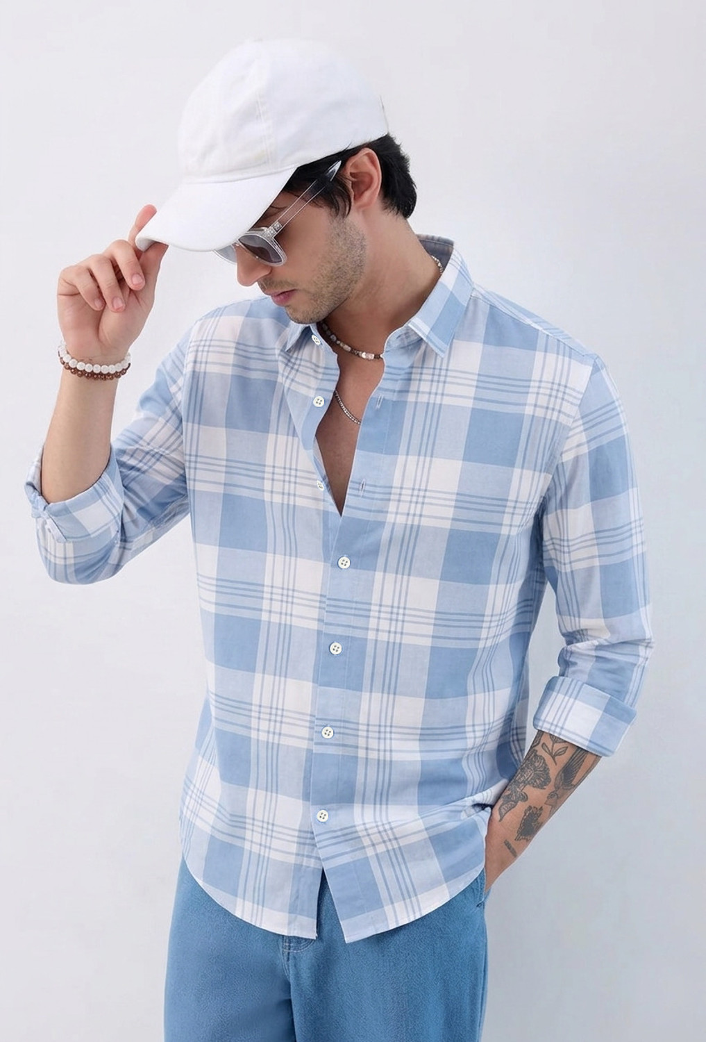 Image of S-LINE Men Checkered Casual Light Blue Shirt