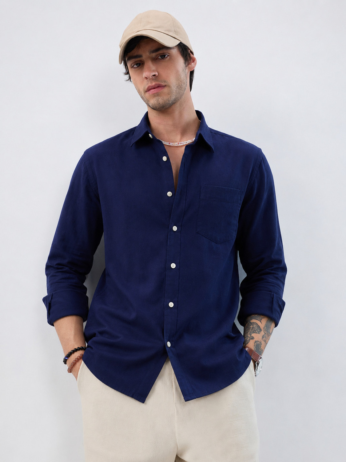 Image of NETTO UOMO Men Solid Casual Dark Blue Shirt