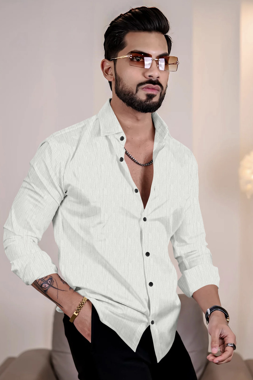Image of VELLOSTA Men Self Design Casual White Shirt