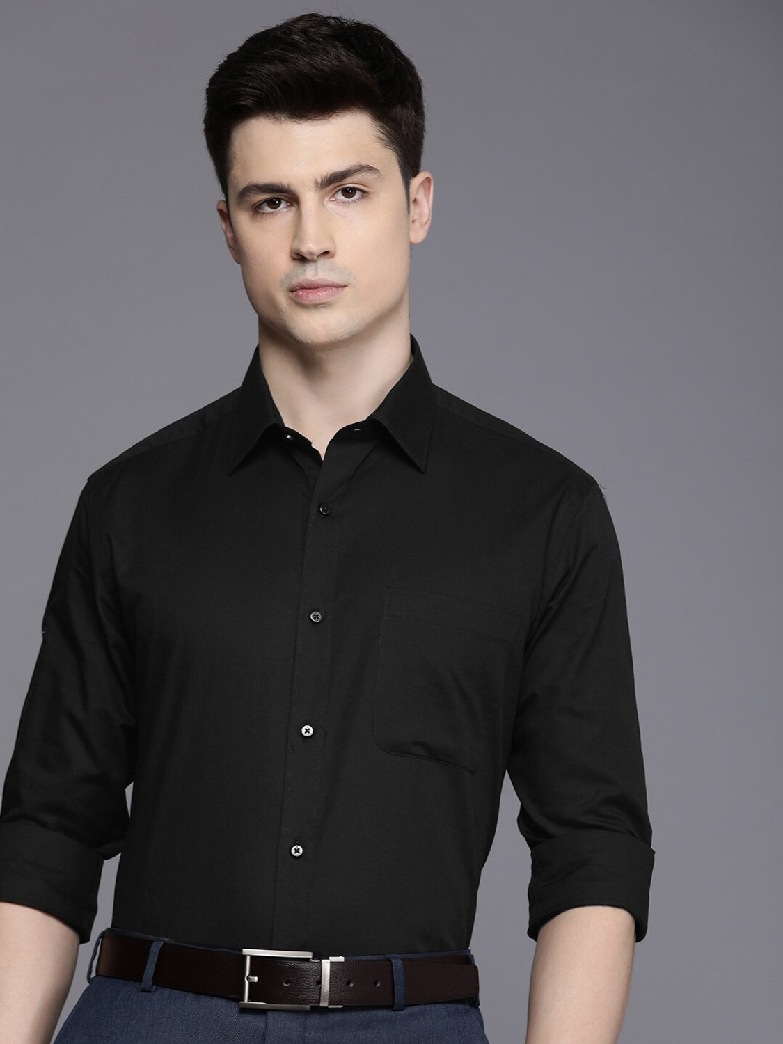 Image of Raymond Men Solid Formal Black Shirt
