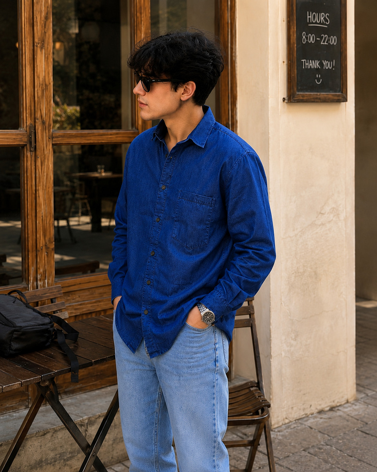 Image of FnQ Men Washed Casual Dark Blue Shirt