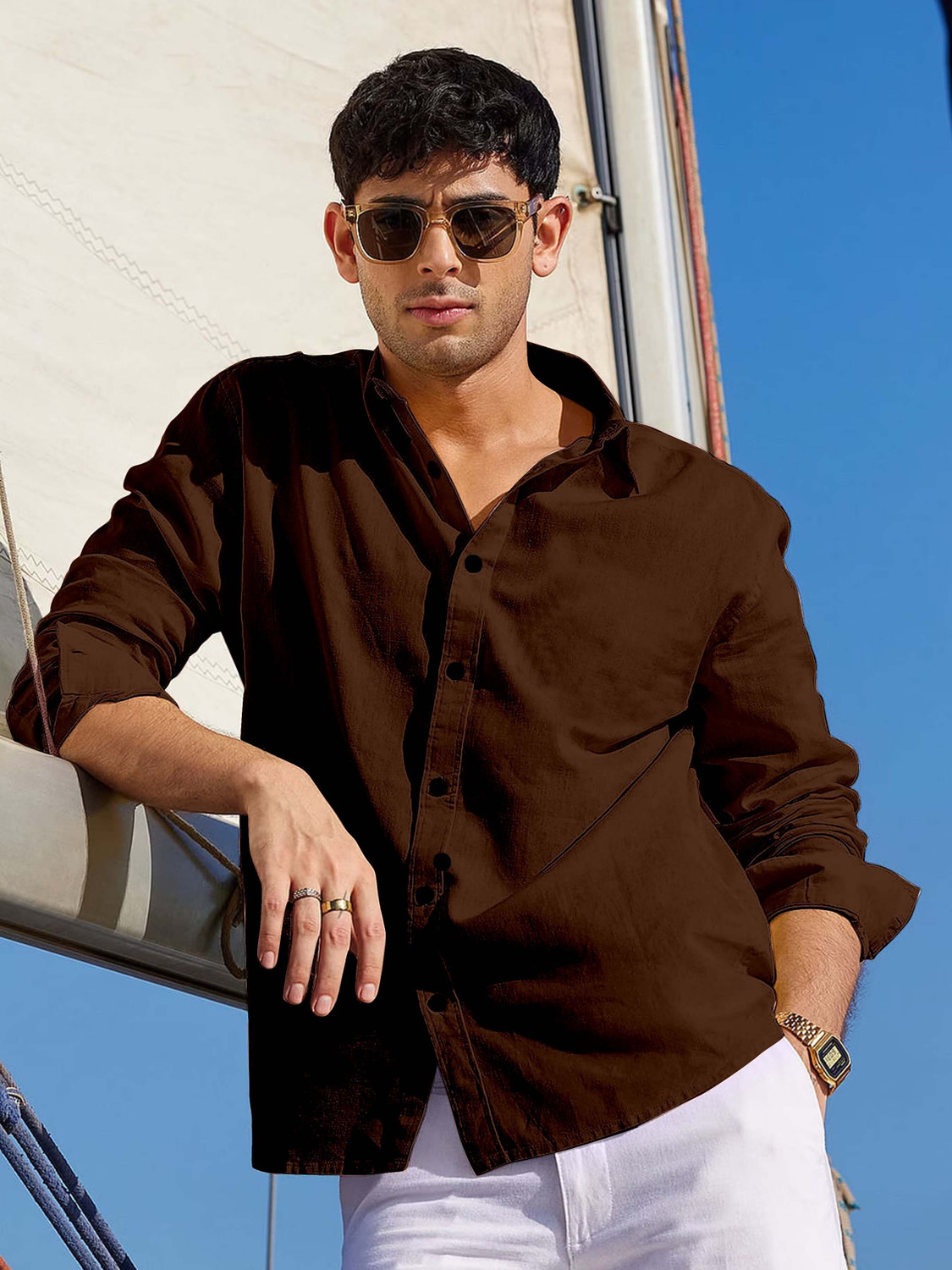 Image of Fagul Culture Men Solid Casual Brown Shirt