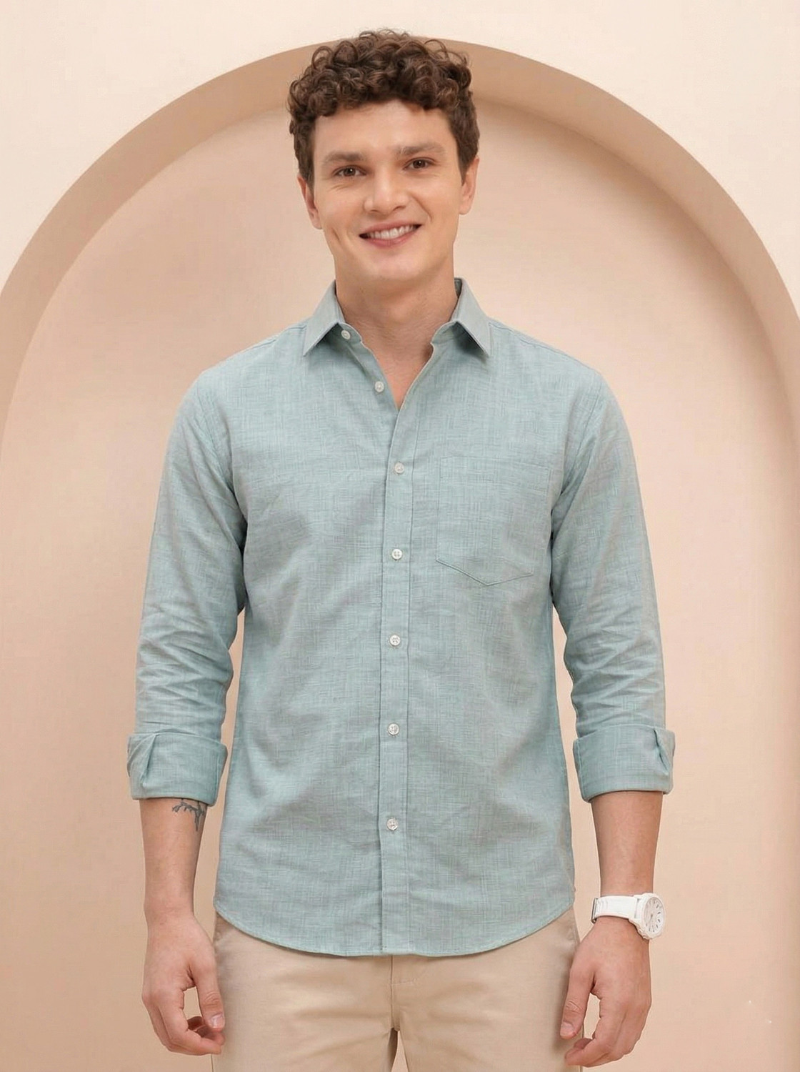 Image of greet fashion Men Solid Casual Light Green Shirt