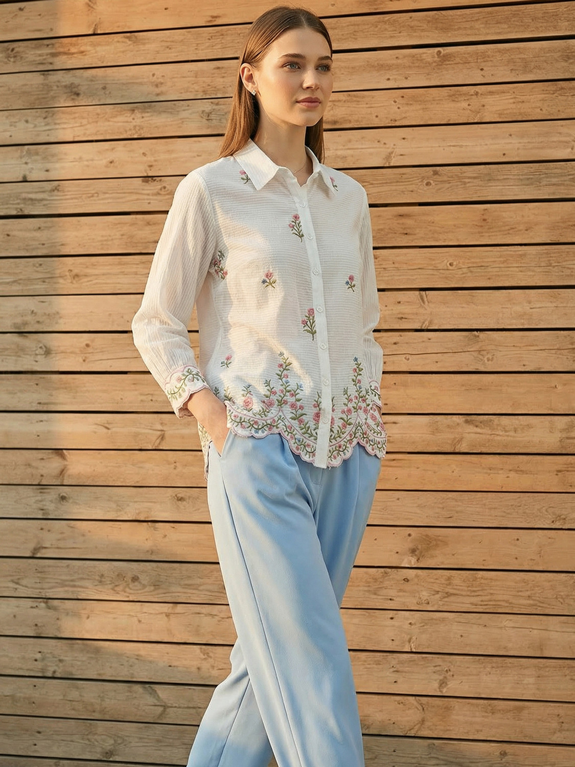 Image of ZUMMER Women Self Design Casual White Shirt