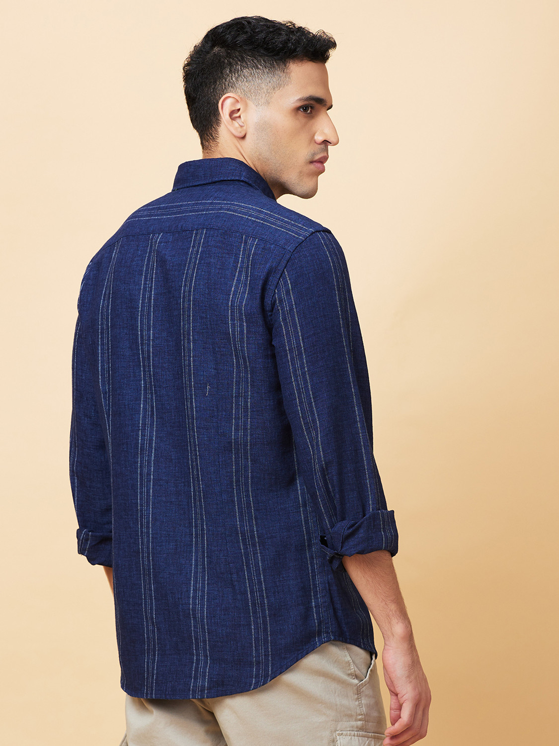 Image of BEING HUMAN Men Striped Casual Dark Blue Shirt