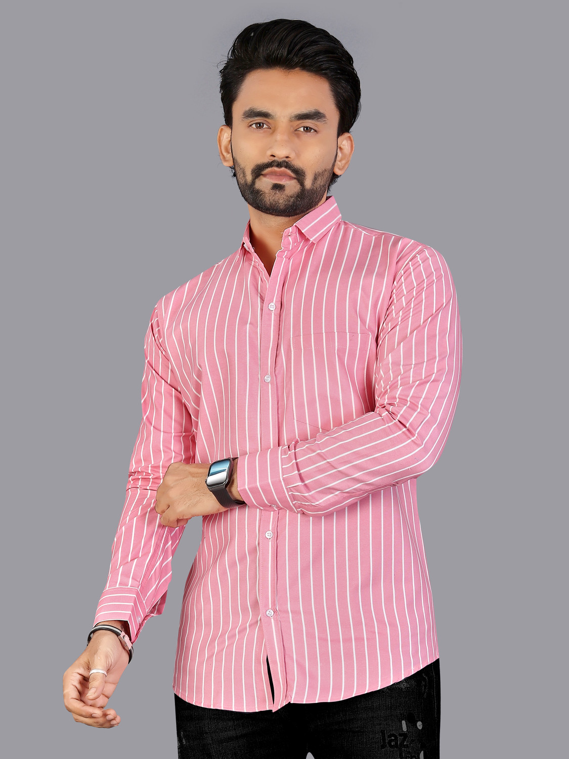 Image of DISHANK CREATION Men Striped Casual Pink Shirt