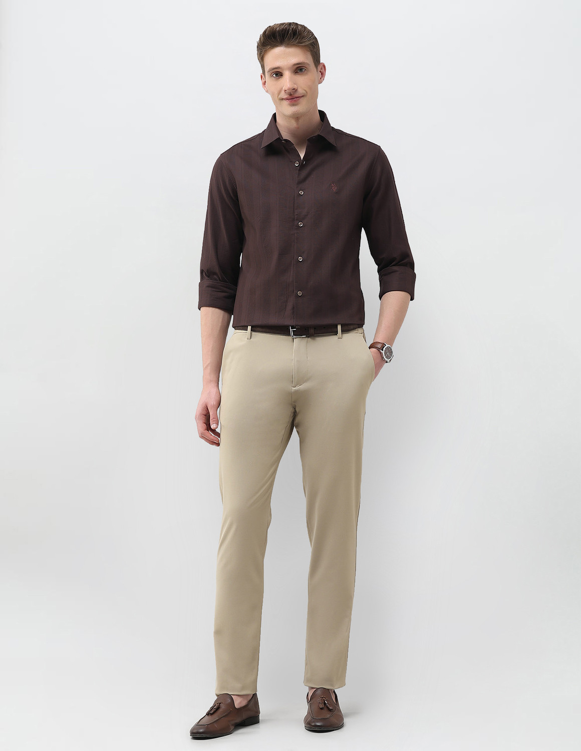 Image of U.S. POLO ASSN. Men Self Design Casual Brown Shirt