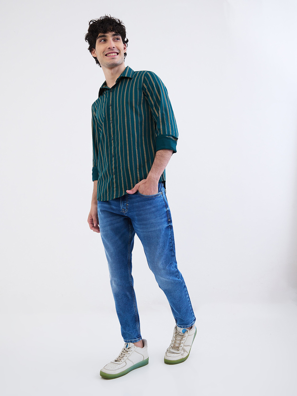 Image of Spykar Men Striped Casual Green Shirt