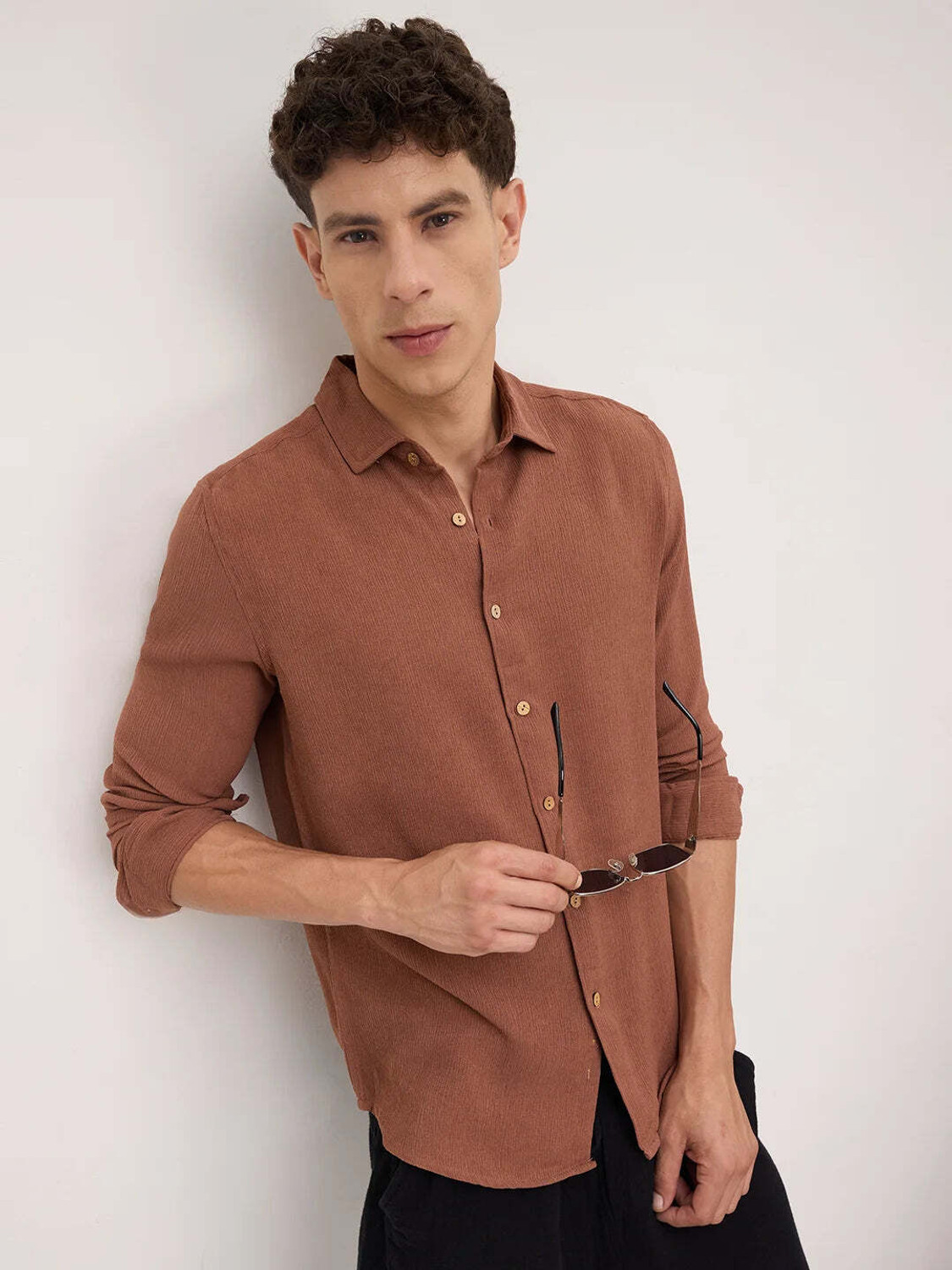 Image of VASTRADO Men Solid Casual Brown Shirt
