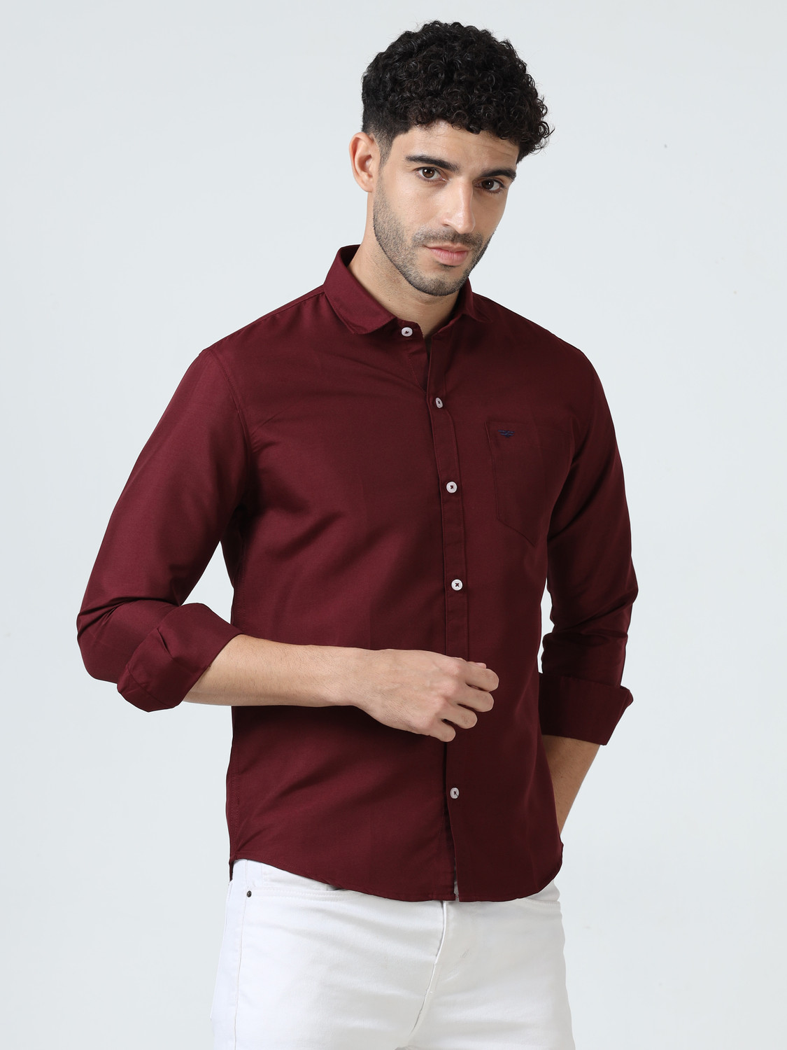 Image of RESERIO Men Solid Casual Maroon Shirt