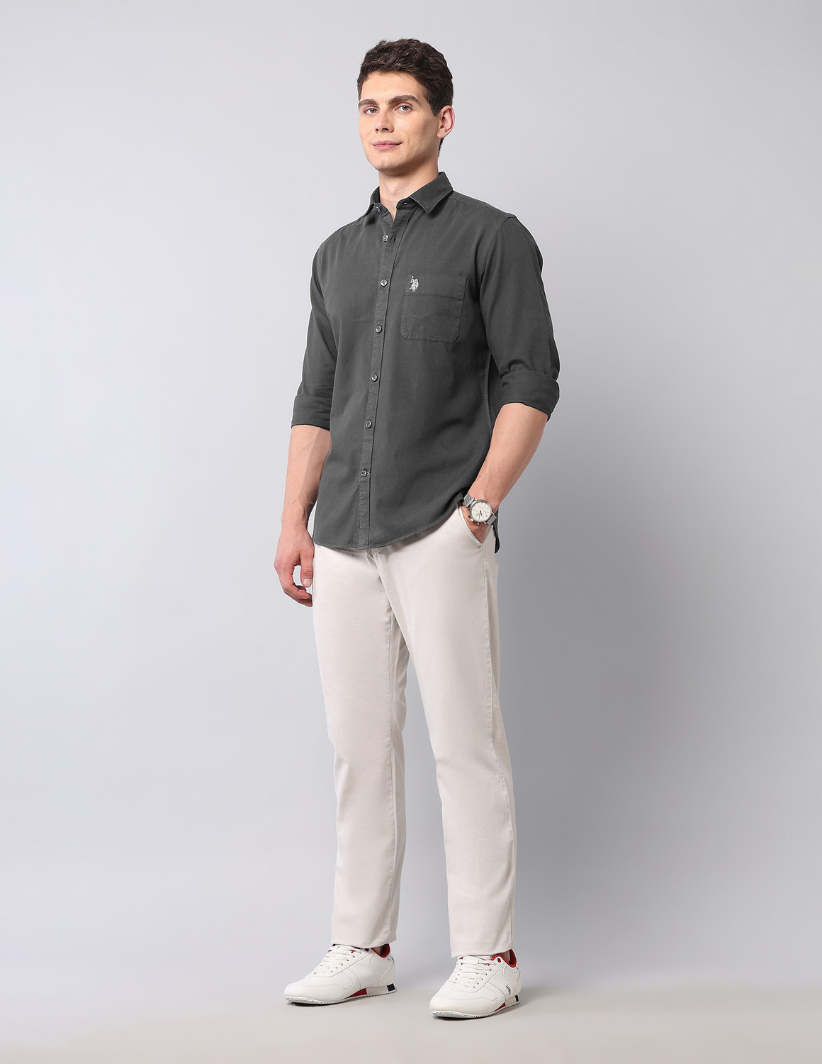 Image of U.S. Polo Assn. Denim Co. Men Solid Casual Grey Shirt