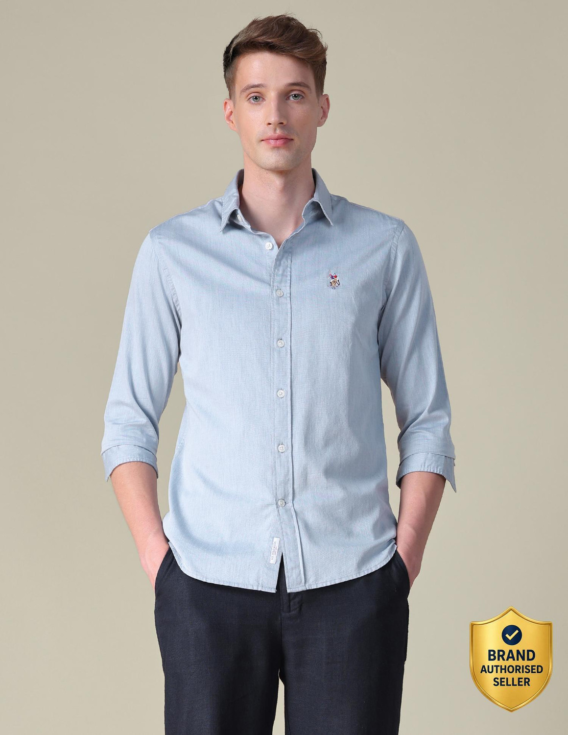 Image of U.S. POLO ASSN. Men Self Design Casual Blue Shirt