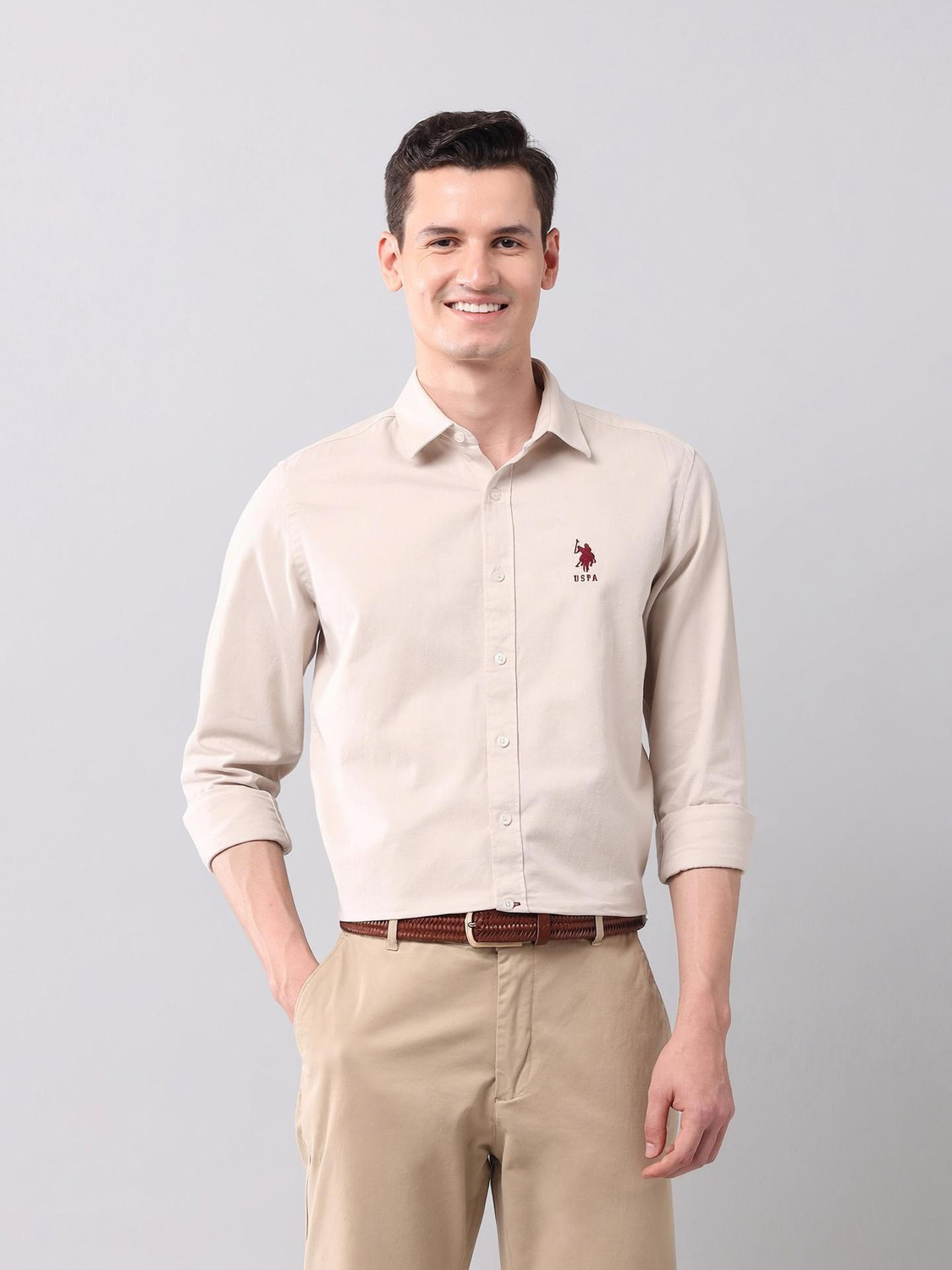 Image of U.S. POLO ASSN. Men Solid Casual Beige Shirt