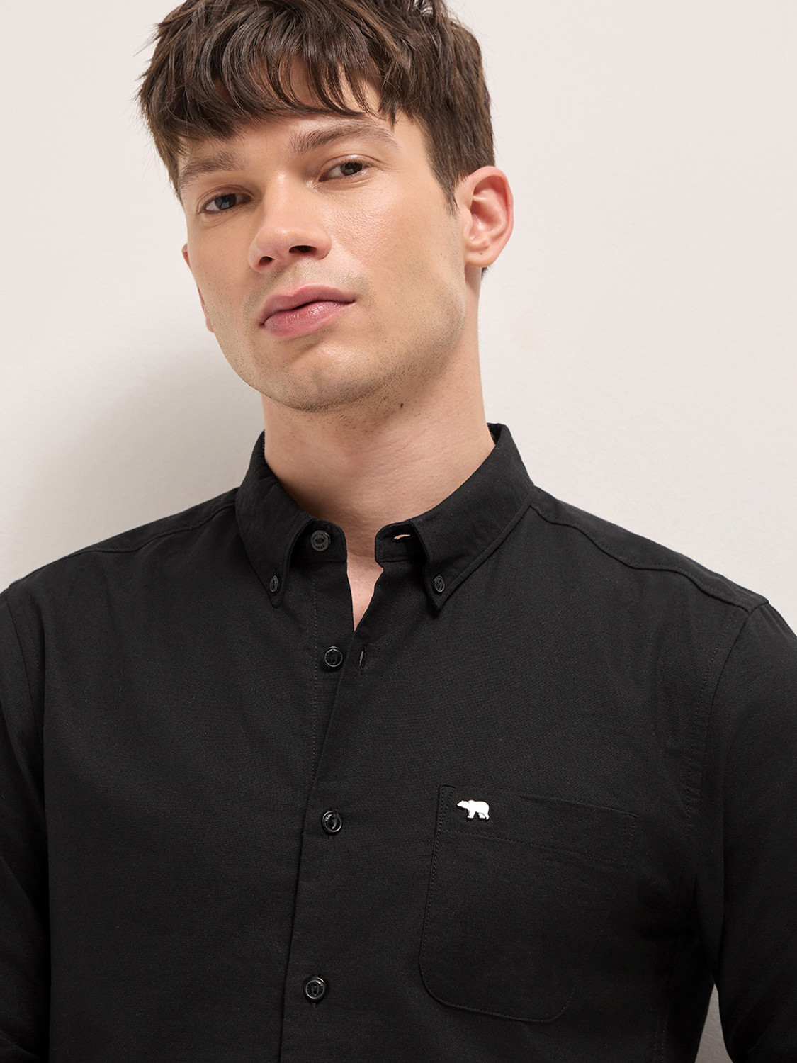 Image of THE BEAR HOUSE Men Solid Casual Black Shirt