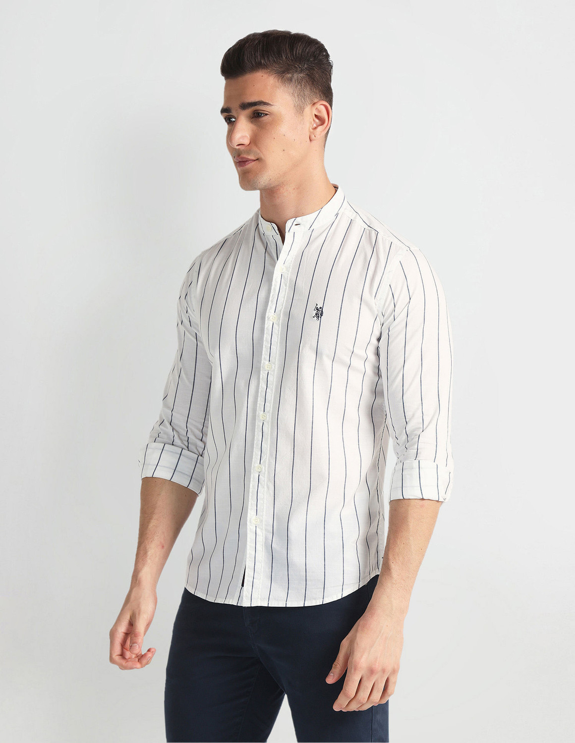 Image of U.S. POLO ASSN. Men Striped Casual White, Black Shirt