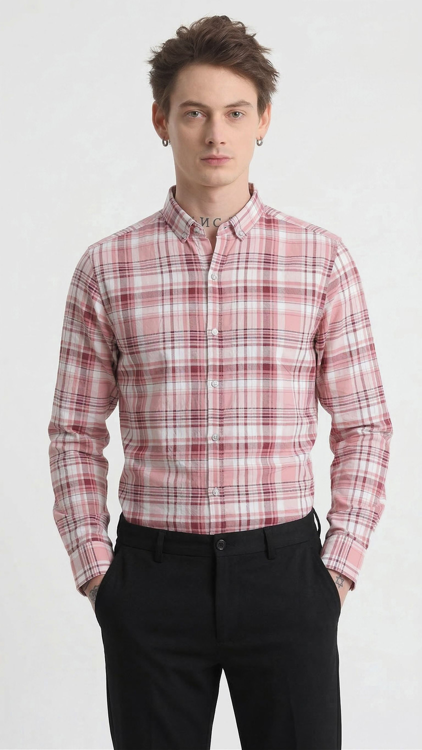Image of R.Code by The Roadster Life Co. Men Checkered Casual Pink, White Shirt
