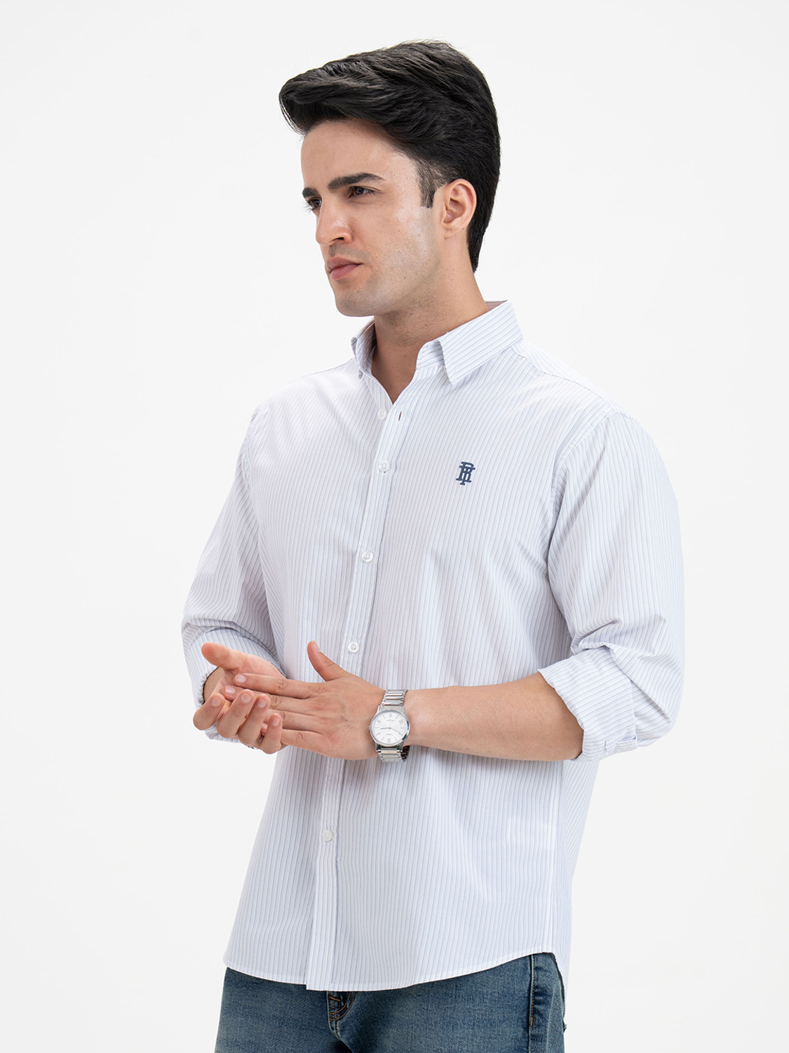 Image of RED TAPE Men Striped Casual White Shirt