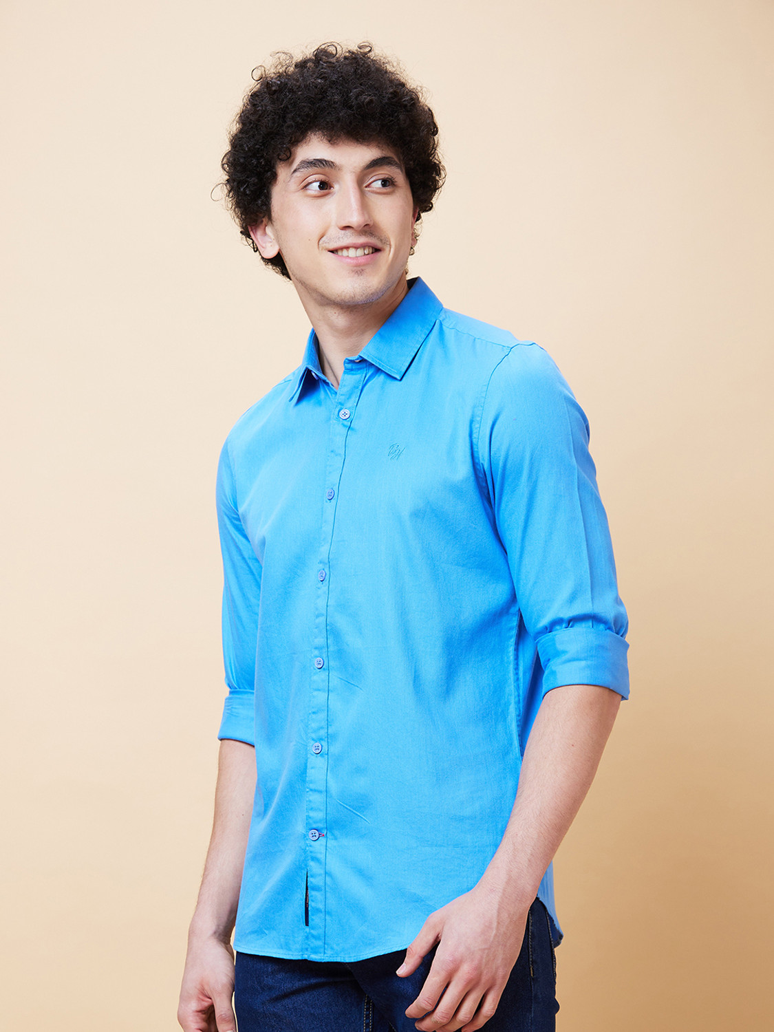 Image of BEING HUMAN Men Solid Casual Blue Shirt
