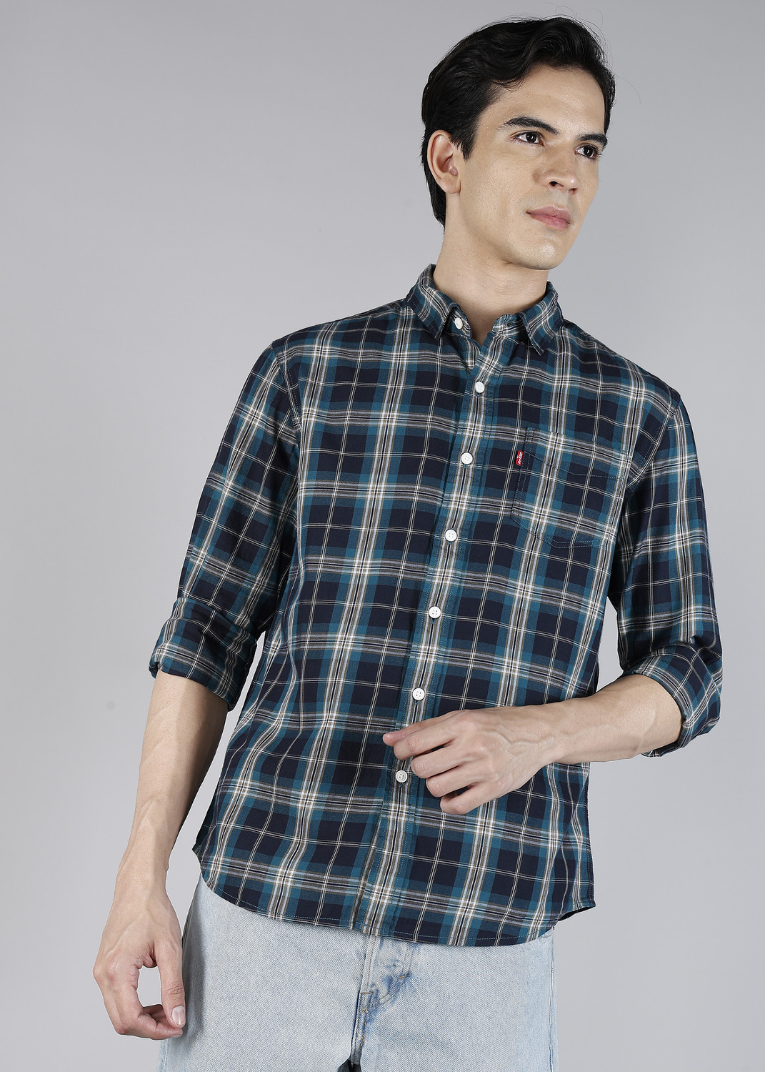 Image of LEVI'S Men Checkered Casual Dark Blue Shirt