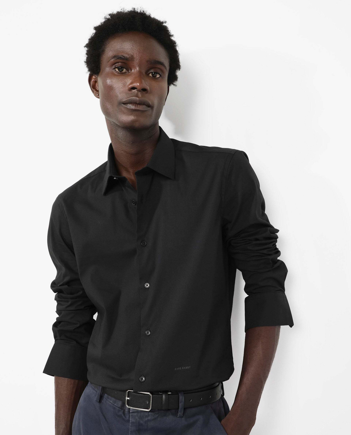 Image of RARE RABBIT Men Solid Formal Black Shirt