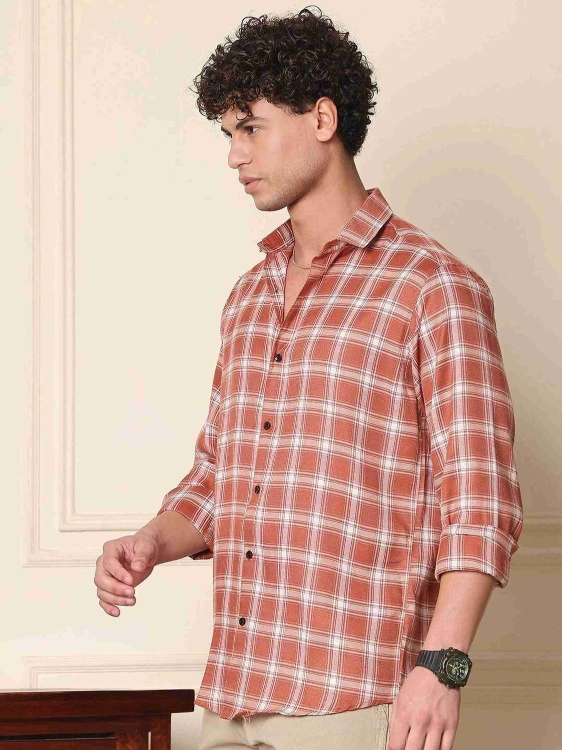 SMARTYFASHION Men Orange Checkered Casual Shirt - Image 3