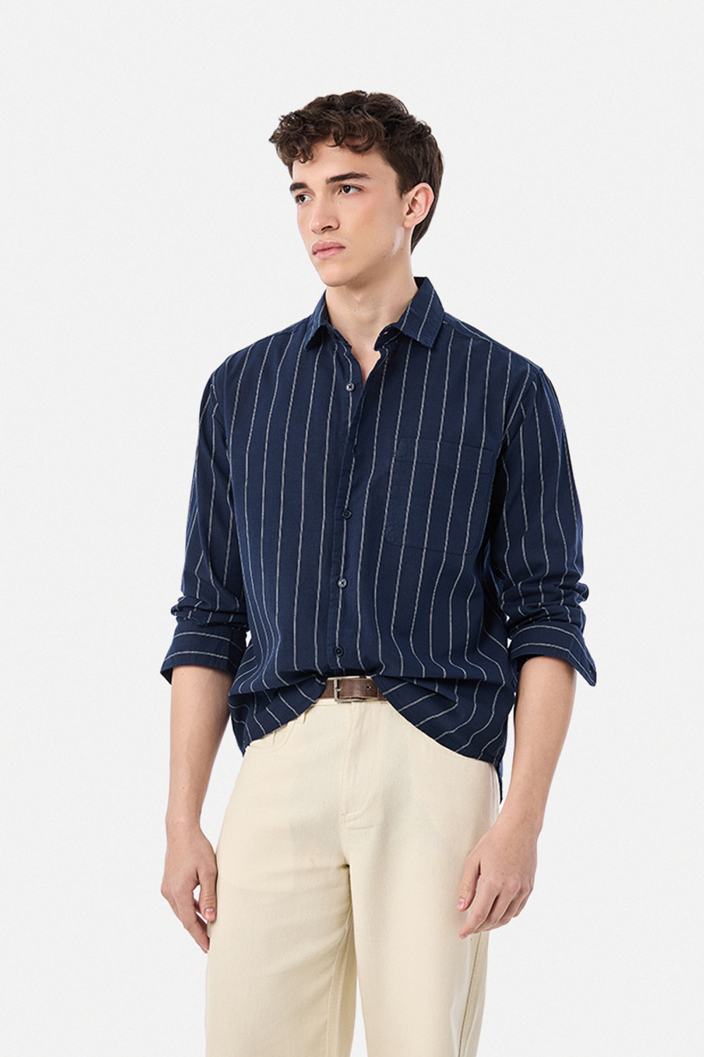 Image of Snitch Men Striped Casual Dark Blue Shirt