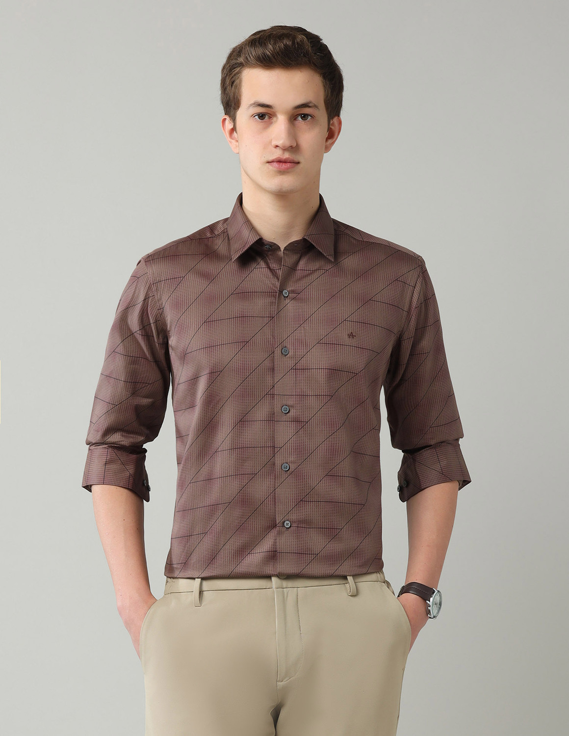 Image of Arrow Newyork Men Printed Formal Brown Shirt