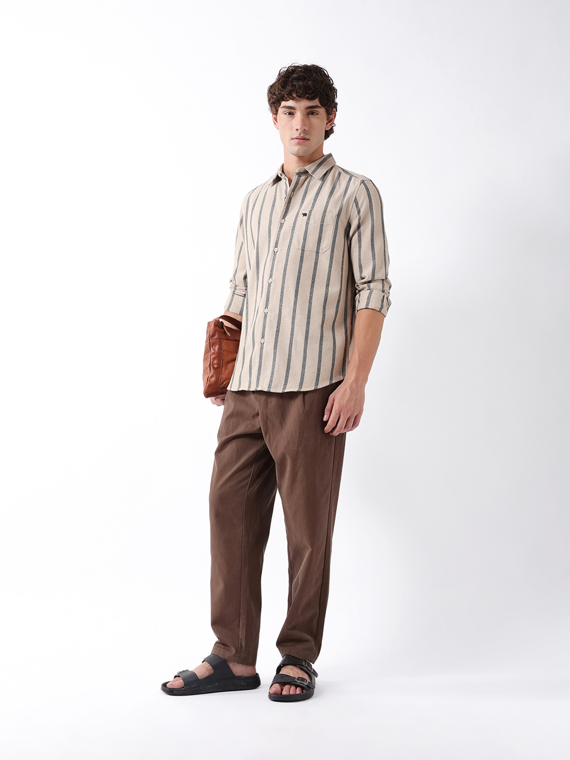Image of THE BEAR HOUSE Men Striped Casual Beige Shirt