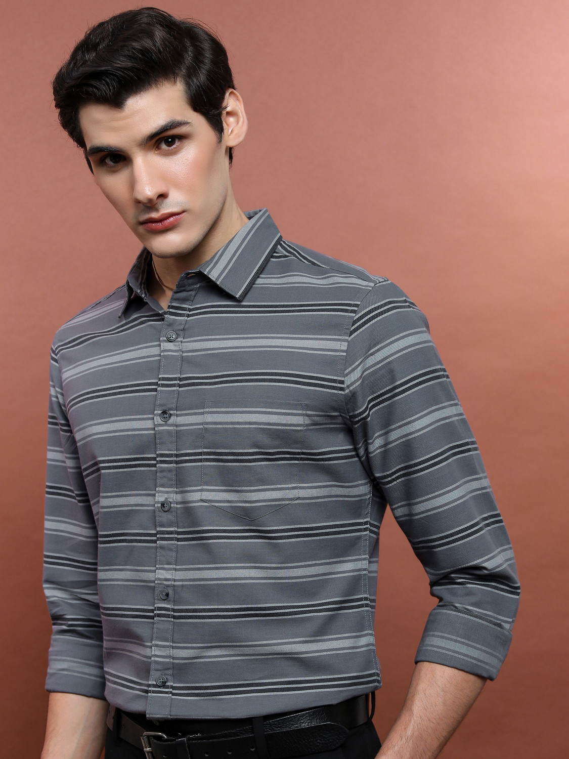 Image of HIGHLANDER Men Striped Casual Grey Shirt