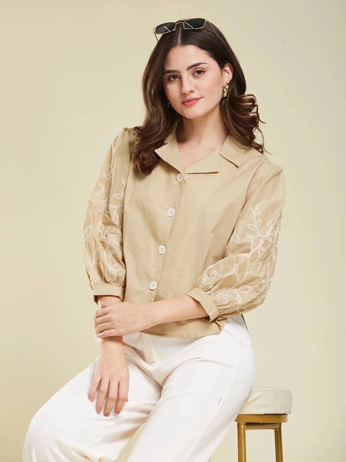 J TURRITOPSIS Women Embroidered Casual Beige Shirt