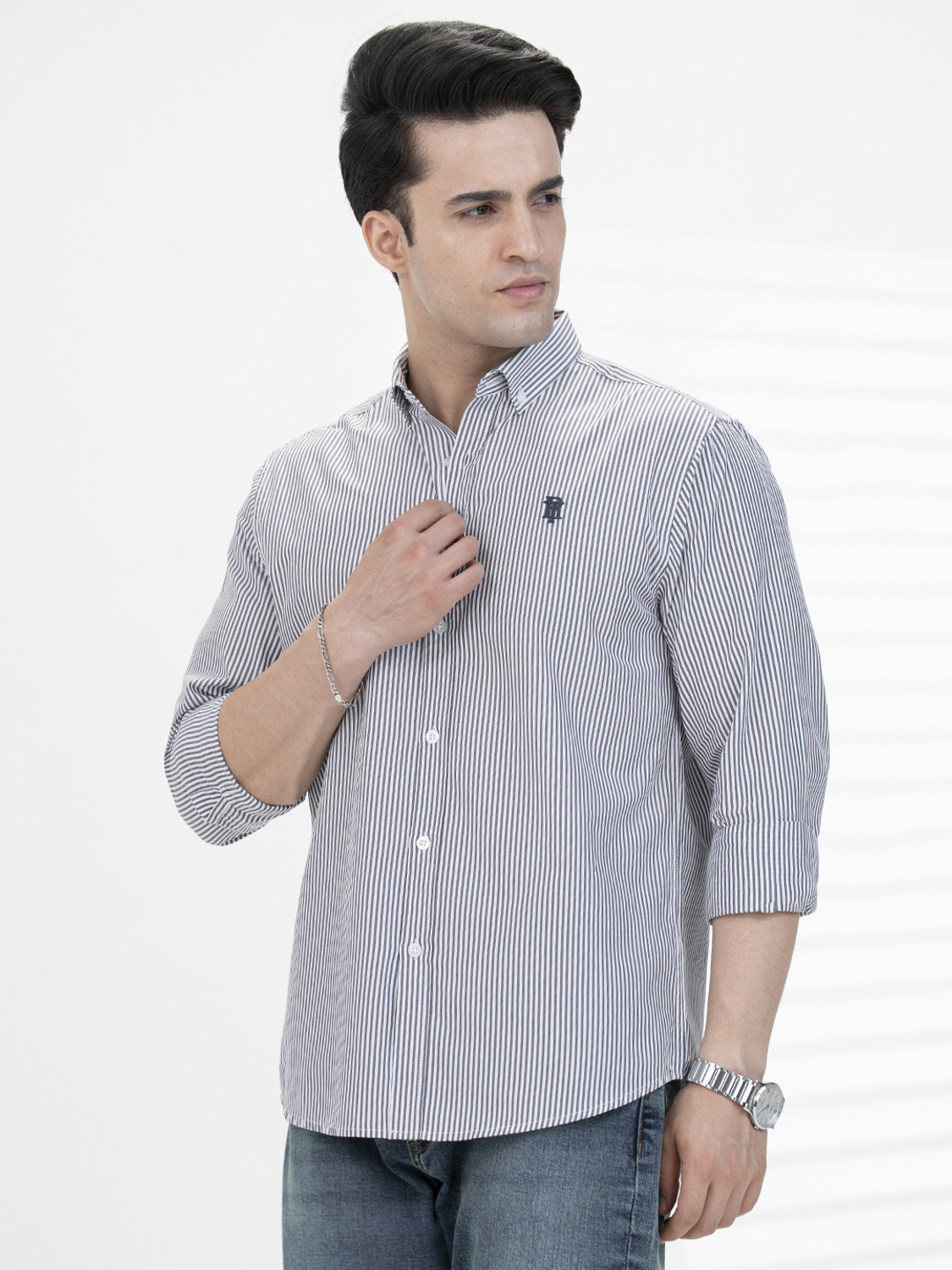 Image of RED TAPE Men Striped Casual Grey Shirt