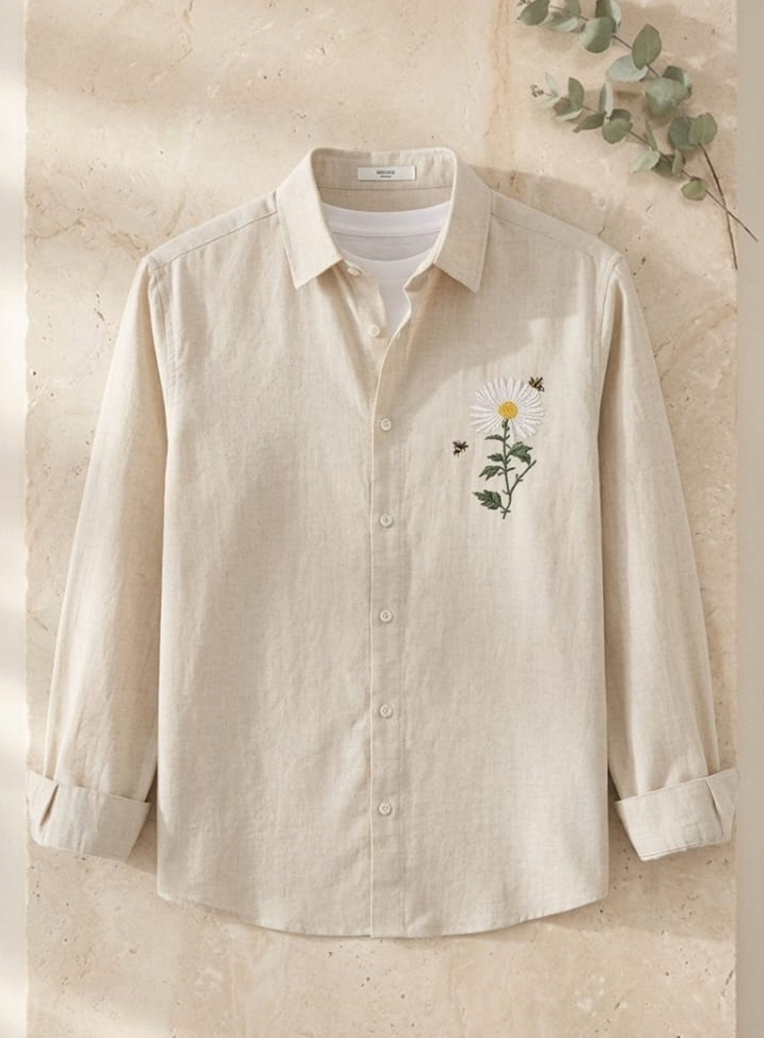 Image of HouseOfShivay Men Embroidered Casual Beige Shirt