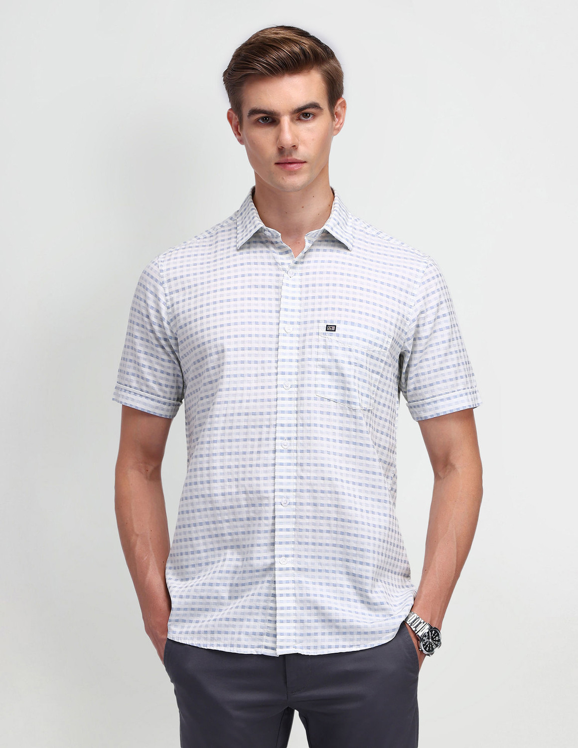 Image of Arrow Sport Men Checkered Casual Grey Shirt