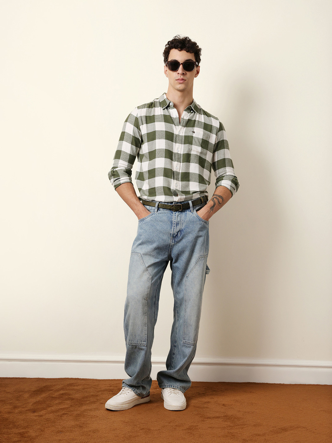 Image of THE BEAR HOUSE Men Checkered Casual Green Shirt