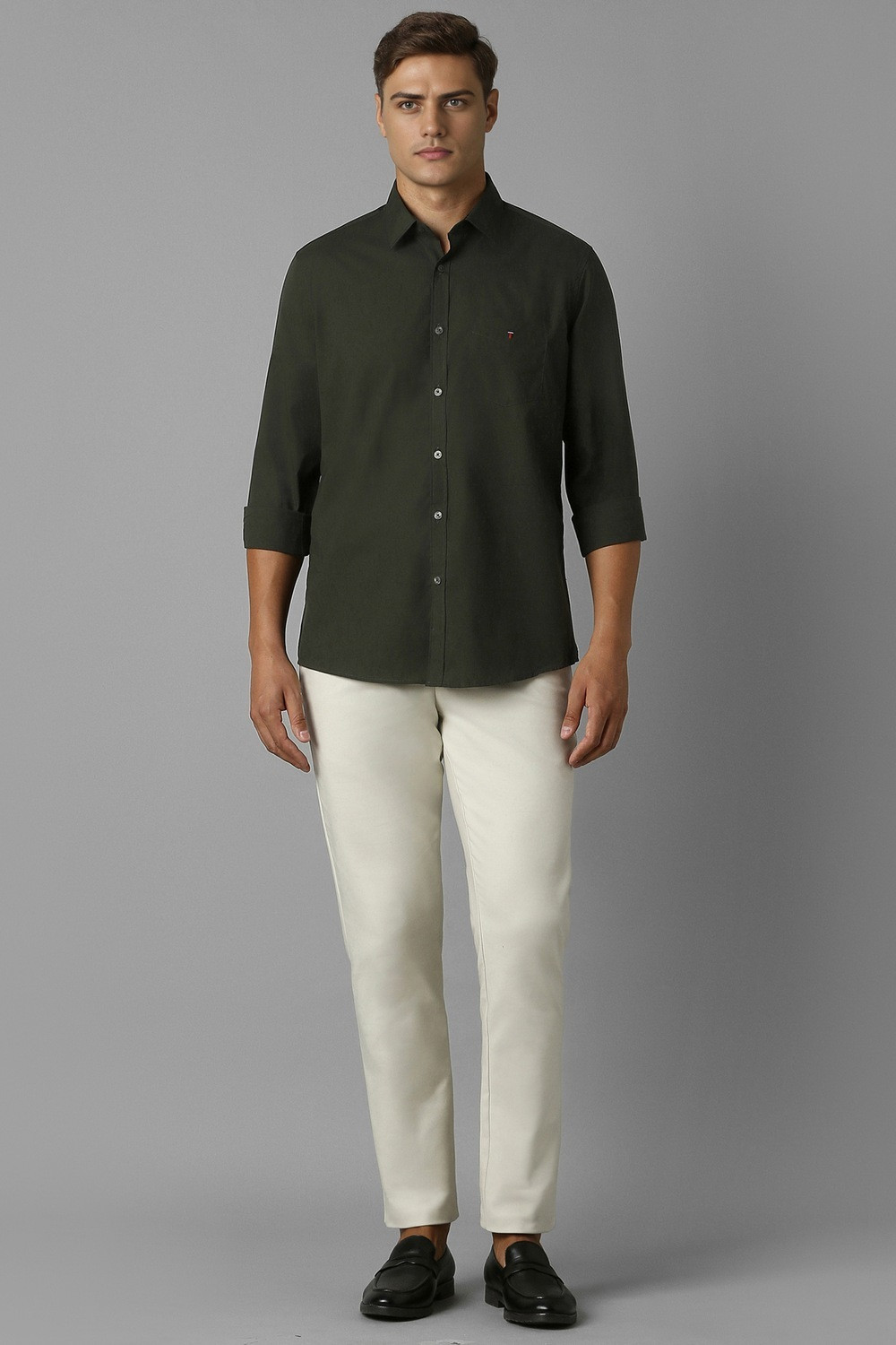 Image of Louis Philippe Sport Men Solid Casual Dark Green Shirt