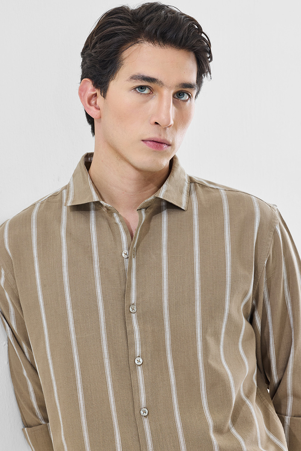 Image of Snitch Men Striped Casual Beige, Brown Shirt
