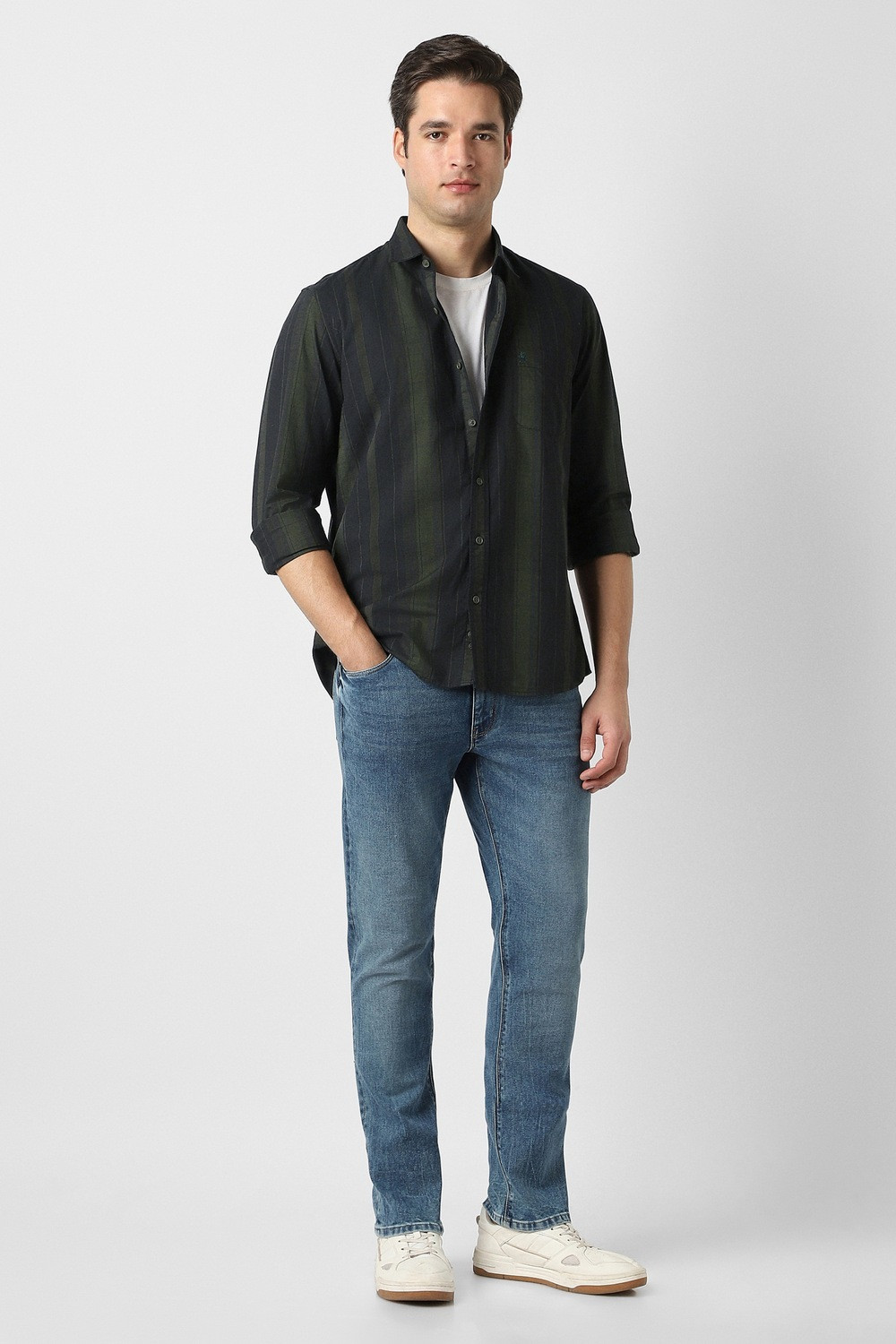 Image of PETER ENGLAND Men Striped Casual Green Shirt