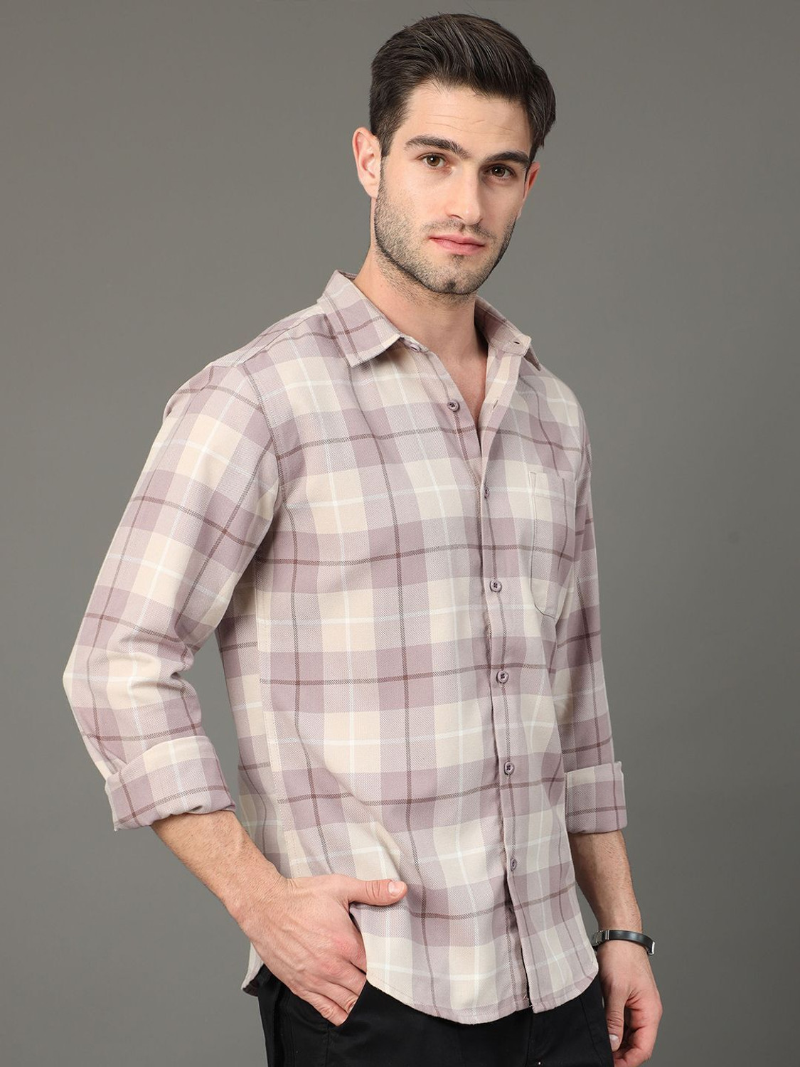 Image of HERE&NOW Men Checkered Casual Beige Shirt