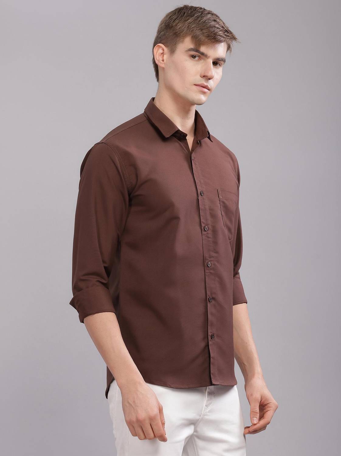 Uzmax Men Solid Casual Brown Shirt - Image 1
