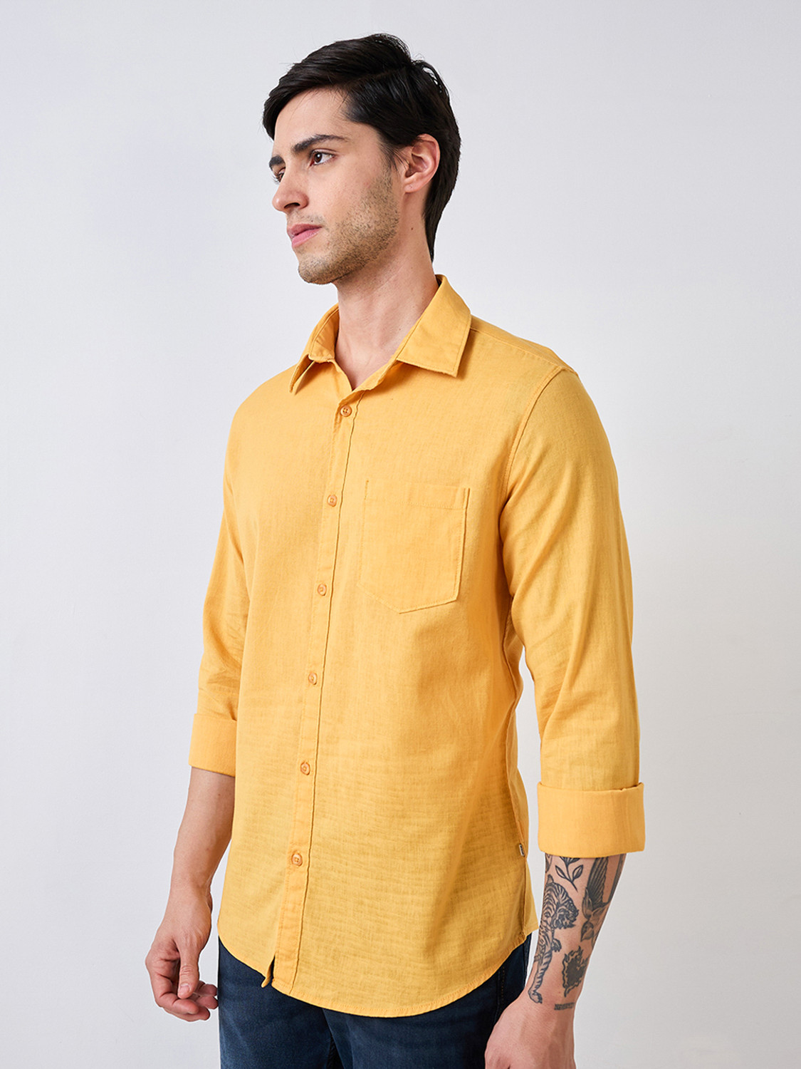 Image of Spykar Men Solid Casual Yellow Shirt