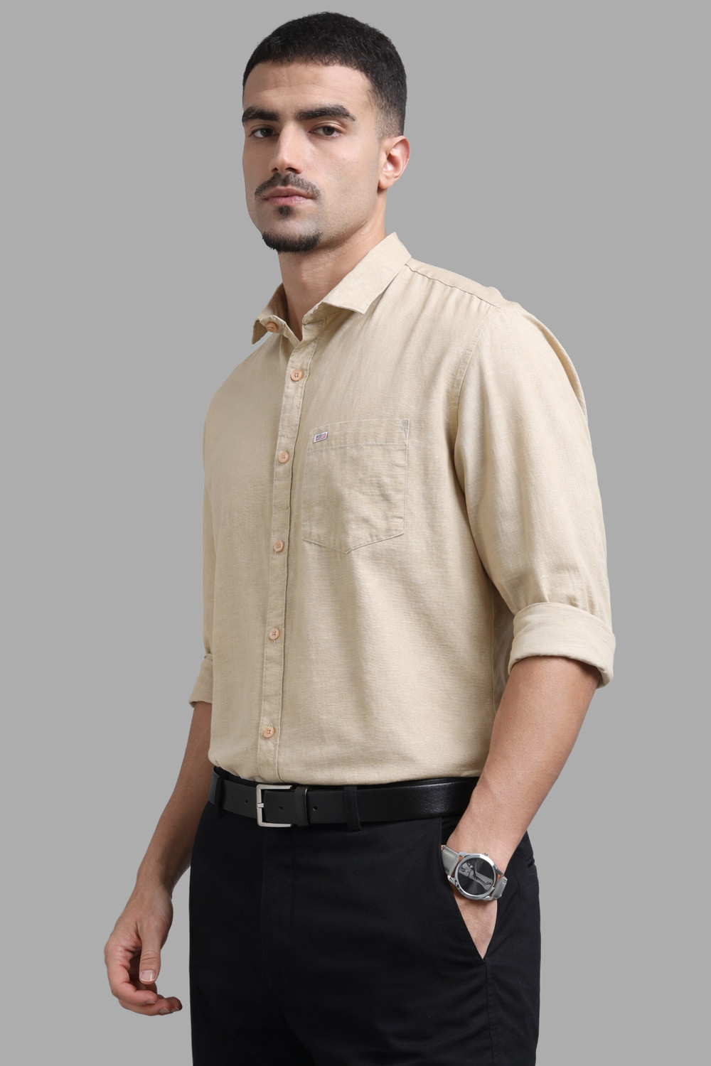Image of U.S. Pitchers Men Solid Formal Beige Shirt