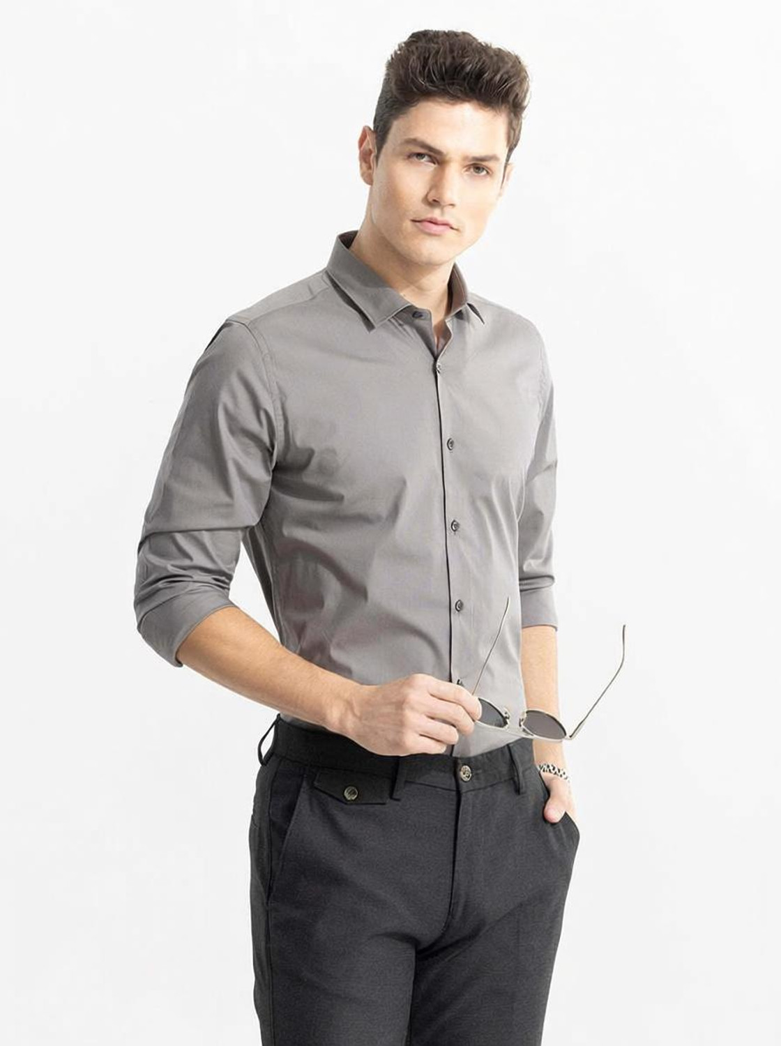 Image of Snitch Men Solid Casual Grey Shirt