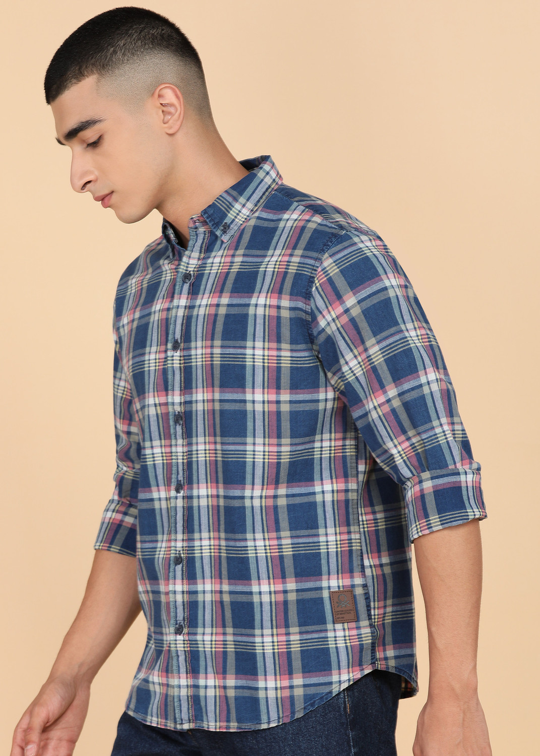Image of United Colors of Benetton Men Checkered Casual Dark Blue Shirt
