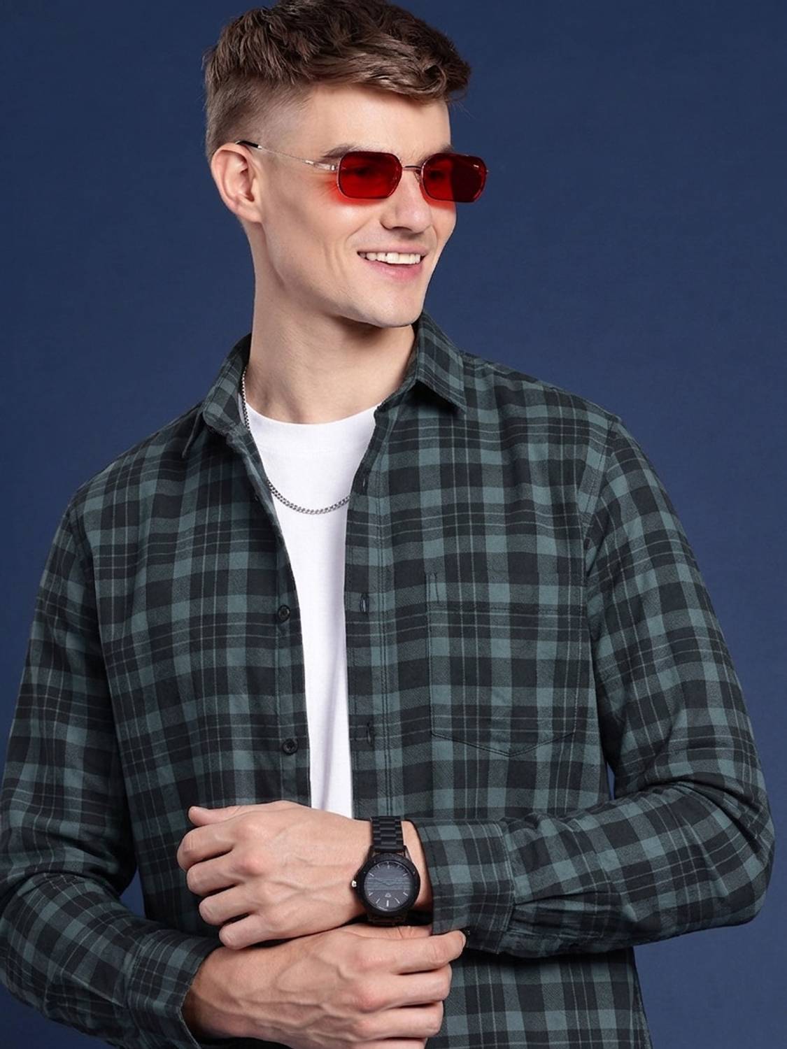 Roadster Men Checkered Casual Dark Green, Black Shirt - Image 4